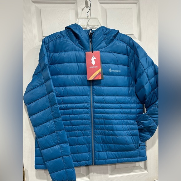 Cotopaxi Women's Large Fuego Hooded Down Jacket Puffer Lake Blue Aqua NWT - Picture 1 of 16